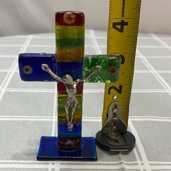 Multi Rainbow Color Art Glass Cross Silver Tone Jesus Crucifix Religious Gift - Picture 4 of 4